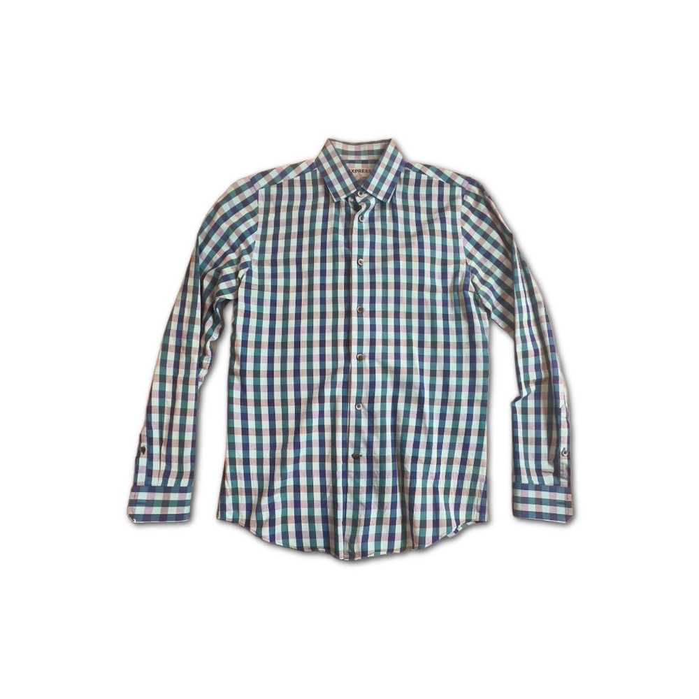 Express Men's Fitted Blue Plaid Dress Shirt, Size: Small, Neck: 14-14.5